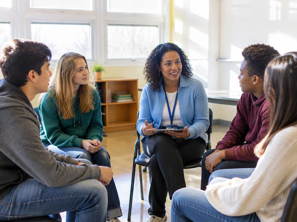 Teenagers in a classroom discussion circle with a counselor
